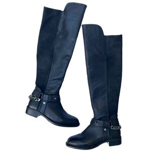 Dolce Vita Sanders Black Leather Nubuck  Over The Knee High Boots Chain Detail
